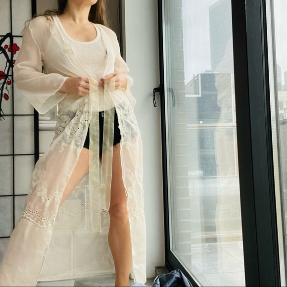 McClintock Floral Organza Transparent Bell Sleeve Belted Embroidered Long Robe - Picture 15 of 17